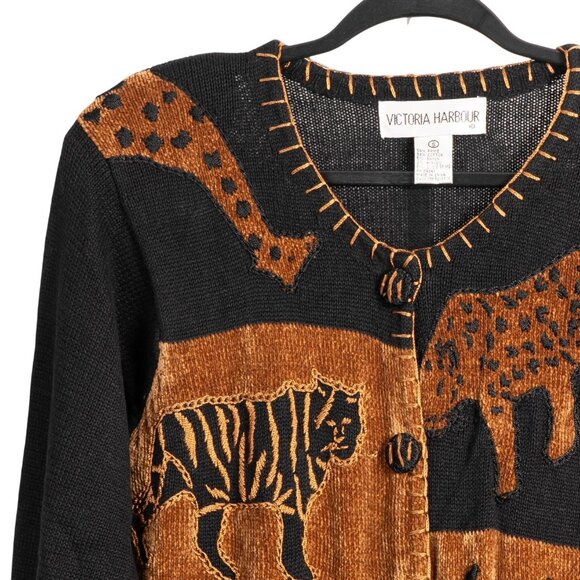 VTG Sweater S 90s MomCore Safari Black Brown Wild Animal Cardigan Buttons Tassel - Picture 2 of 5